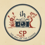 logo for conscious photography, wiht the graphic of a flower arrangement, a camera and a tree in the style of a Japanese signature seal